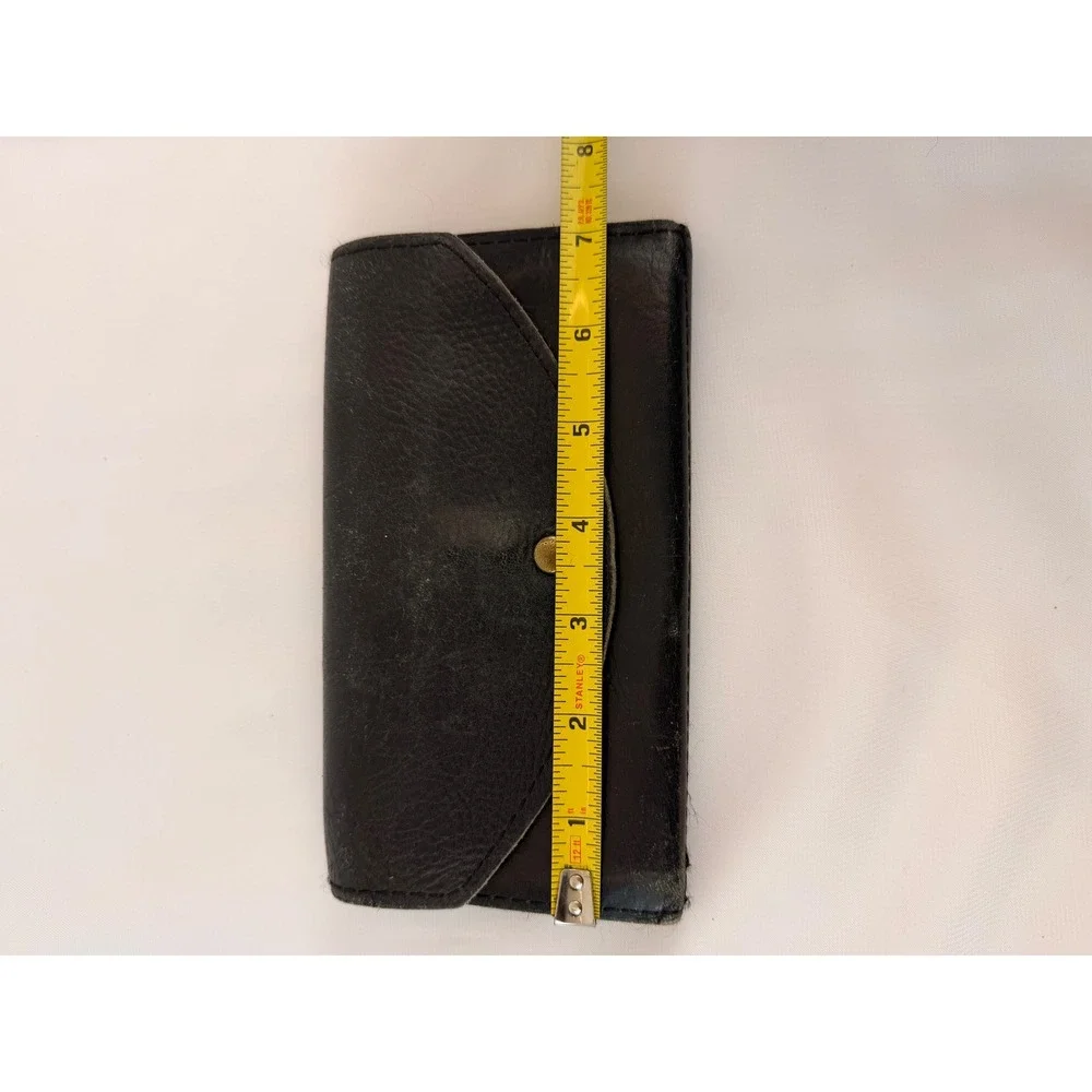 Vintage Black Leather Trifold Wallet Distressed Brass Snap Coin Pocket Biker